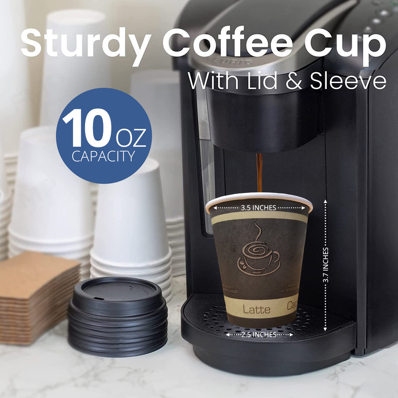 Disposable Hot Coffee Cup with Black Dome Lids & Kraft Cardboard Sleeves Cups | 10 oz - 100 Pack