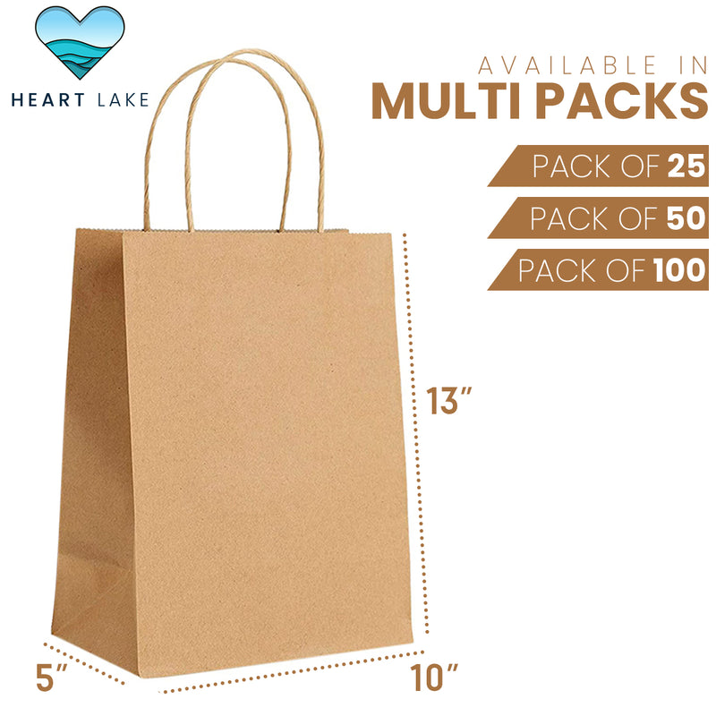 Plain Brown Kraft Paper Bags with Handles - 10" x 5" x 13" | 100 Pack