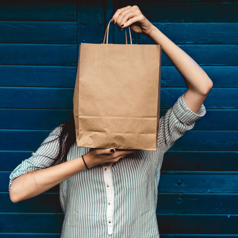 Plain Brown Kraft Paper Bags with Handles - 10" x 5" x 13" | 100 Pack