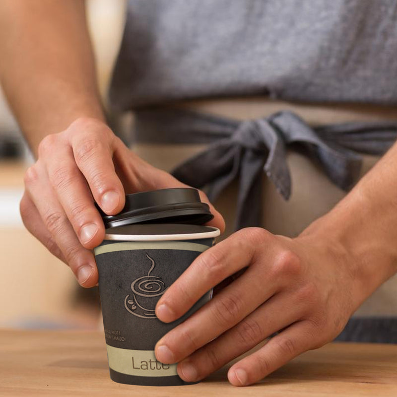 Disposable Hot Coffee Cup with Black Dome Lids & Kraft Cardboard Sleeves Cups | 10 oz - 100 Pack